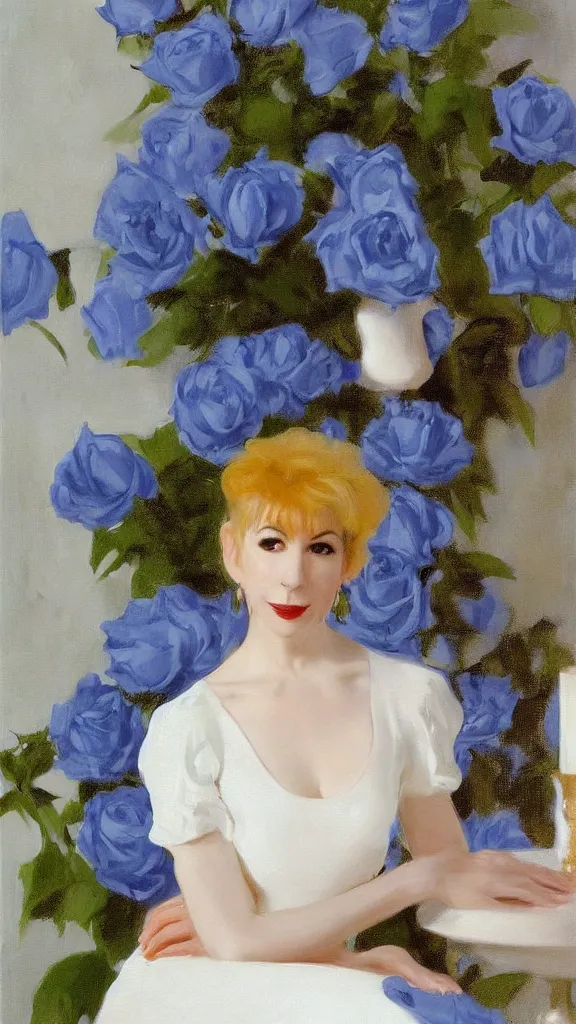 Image similar to portrait of julee cruise in white balloon sleeve dress detailed curtain beside a pot of blue roses, a detailed persian painted by john singer sargent