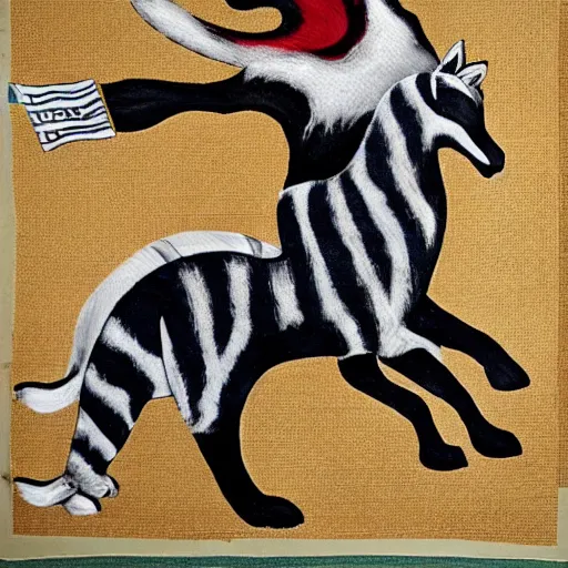 Image similar to a piebald warrior cat riding a large striped gray cat steed galloping into battle he holds the reigns with one paw and a battle flag with the other