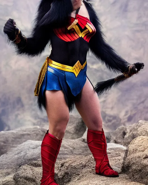 Prompt: photos of a Chimpanzee dressed as Wonder Woman. A chimpanzee wearing Wonder Woman’s outfit, Photography in the style of National Geographic, photorealistic