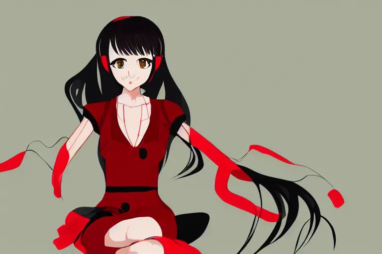 Image similar to a girl sitting vertically, wearing a black outfit with red trim, white background, soft shadow, vector shaded anime, very anime, detailed colors, digital art, 4 k