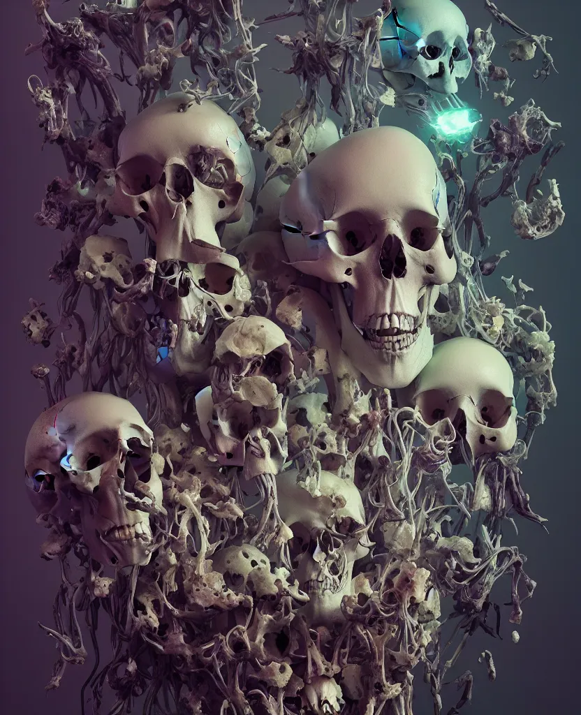 Image similar to composition of human skulls, animals skulls, bones, rib-cage and orchids, bioluminiscent, by Tooth Wu and wlop and beeple. octane render, trending on artstation, greg rutkowski very coherent symmetrical artwork. cinematic, hyper realism, high detail, octane render, 8k