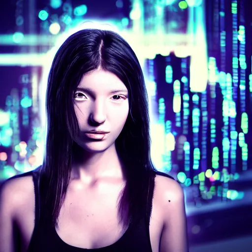 Image similar to portrait of techno cyberpunk girl in fron of abstract background photorealistic