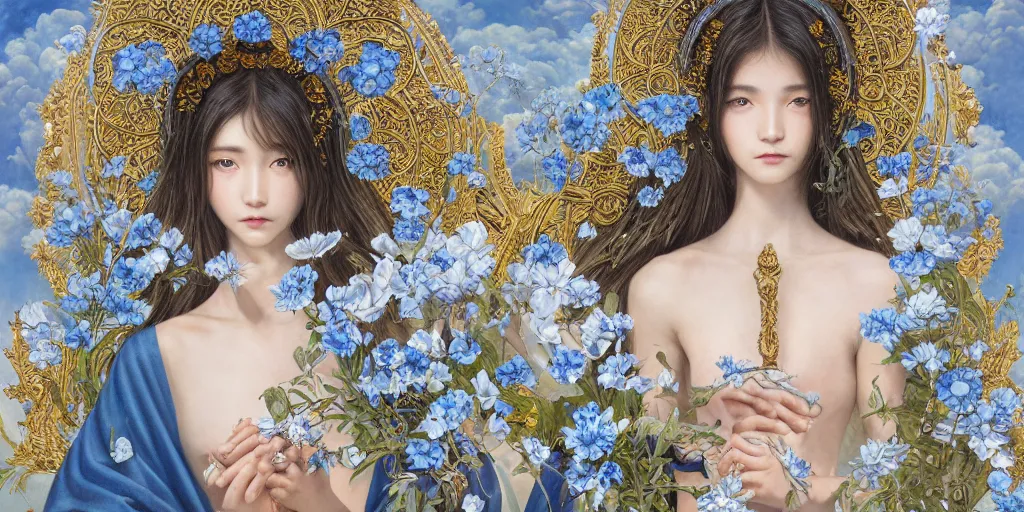 Image similar to breathtaking detailed concept art painting of the goddesses of nemophila flowers, orthodox saint, with anxious, piercing eyes, ornate background, amalgamation of leaves and flowers, by Hsiao-Ron Cheng, James jean, Miho Hirano, Hayao Miyazaki, extremely moody lighting, Black paper, cut paper texture, Full of light-blue and silver and white layers, 8K