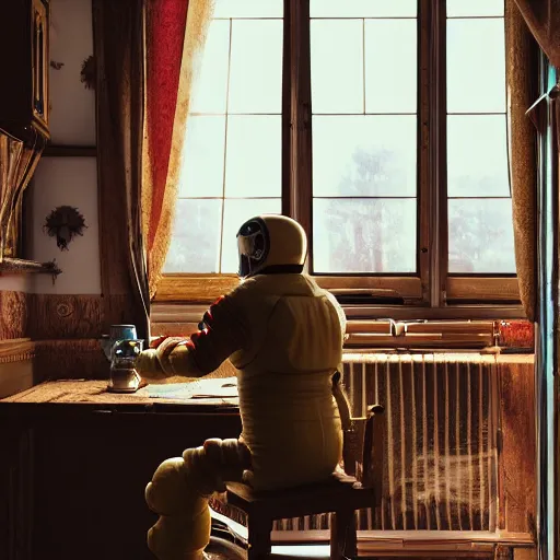 Image similar to a single cosmonaut in a spacesuit drinks a steaming cup of tea at an old wooden desk in a richly decorated Victorian house. the autumn light comes in through a window and dimly illuminates the room, diffuse light, octane render