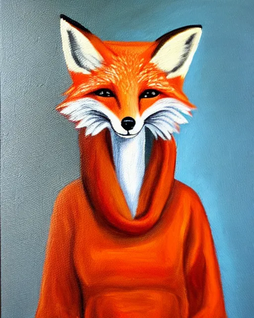 Image similar to oil painting portrait of anthropomorphic female fox animal dressed in sweater and scarf, fox animal, movie set in background, oil painting,