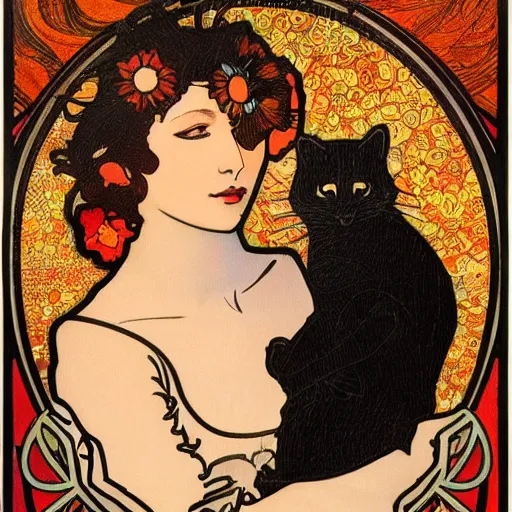 Image similar to a masterpiece painting by mucha exposed at the louvre : black cat cuddling a racoon in a poppy field with a red sunset in the background