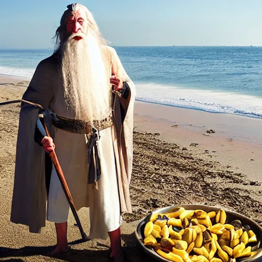 Image similar to gandalf covered in raisins and sliced bananas on the beach