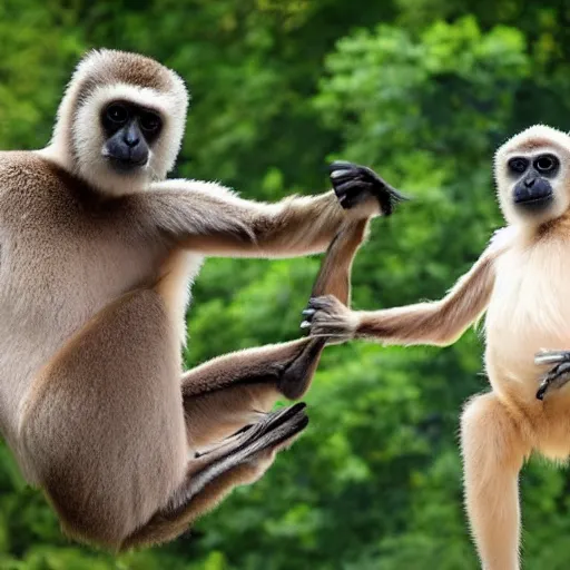 Image similar to a gibbon and a goose having a kung fu battle