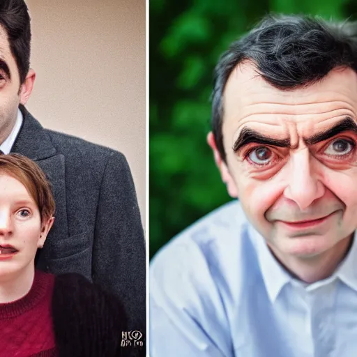 Image similar to A portrait mr bean elizabeth teams up with a teenage mr bean, perfect faces, 50 mm, award winning photography