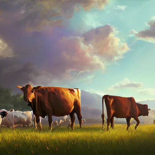 Prompt: herd of cows in a field, ultrafine highly detailed hyper colorful illustration, sharp focus, rozalski, craig mullins, federico pelat, unreal engine highly rendered, global illumination, radiant light, intricate and detailed environment