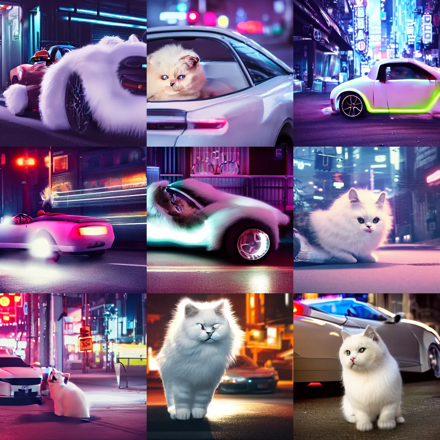 Prompt: a fluffy roadster is covered with white fur and has a head that looks like a British Shorthair cat, parking in the street, Cyberpunk, neon light, 4k, hd, highly detailed