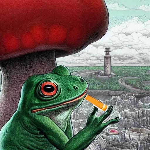 Image similar to A close up portrait of a scary godlike anthropomorphic frog smoking an anime cigarette , magic mushroom village in background . award winning. superb resolution. in the art style of junji Ito and greg rutkowski . Detailed Mushroom city in background. Hyper realistic anime. Perfect art. Dalle2