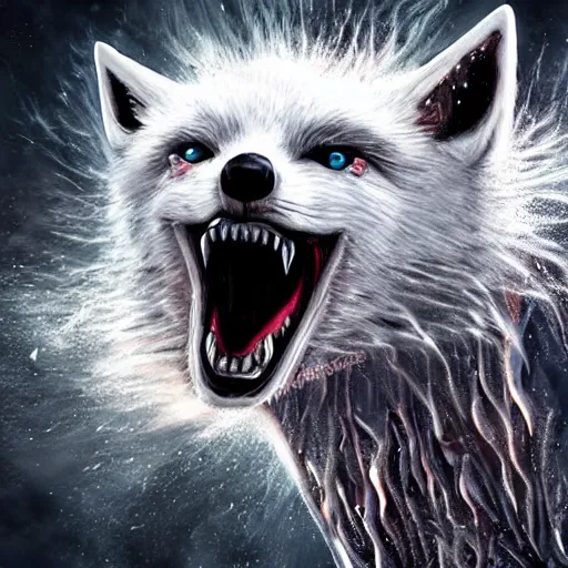 Prompt: angry demonic white polar fox with sharp teeth wearing medieval ornamented rusty armor, ice and fire, postapocalyptic world, hyperrealistic, dramatic sky, highly detailed