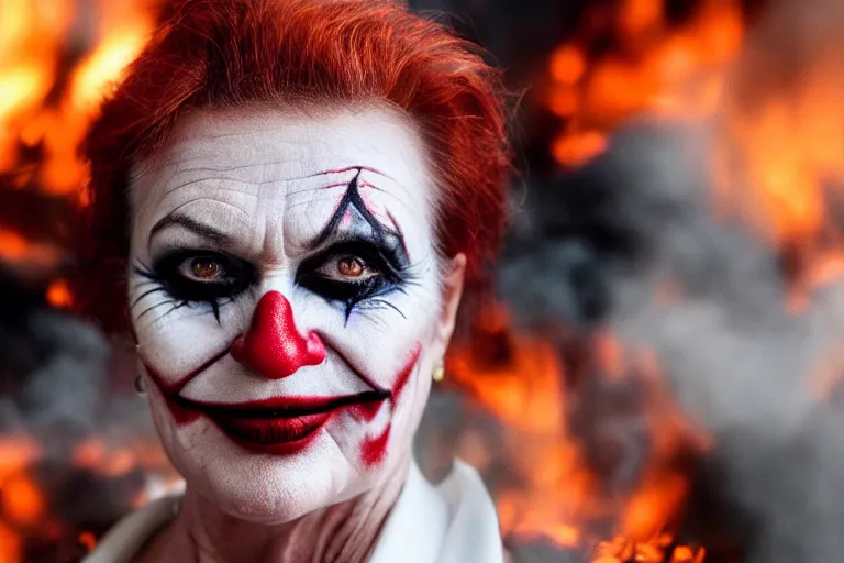 Image similar to Pauline Hanson with smudged red and white makeup like The Joker, standing in hell surrounded by fire and flames and bones and brimstone, portrait photography, depth of field, bokeh