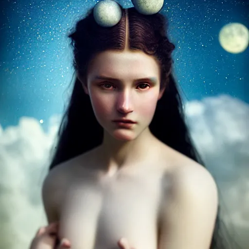Image similar to photographic portrait of a stunningly beautiful renaissance female in soft dreamy moonlight clouds and stars, contemporary fashion shoot, by edward robert hughes, annie leibovitz and steve mccurry, david lazar, jimmy nelsson, breathtaking, 8 k resolution, extremely detailed, beautiful, establishing shot, artistic, hyperrealistic, beautiful face, octane render