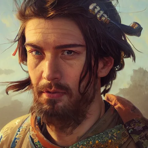 Image similar to Hyper realistic detailed portrait of Kurdish samurai, Stephen Bliss, unreal engine, fantasy art by Greg Rutkowski, Loish, Rhads, ferdinand knab, Makoto Shinkai and Lois van baarle, ilya kuvshinov, rossdraws, Tom Bagshaw, alphonse mucha, global illumination, radiant light, detailed and intricate environment, highly detailed, award winning art