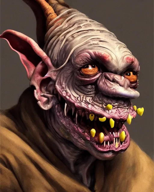 Image similar to closeup profile face portrait of a medieval goblin eating cakes in the cloisters, beautiful face, hyper realistic, highly detailed, digital painting, artstation, illustration, concept art by hyung tae, frank frazetta, bosch, giger, digital paint, matte paint, washed colors, dark, gloomy