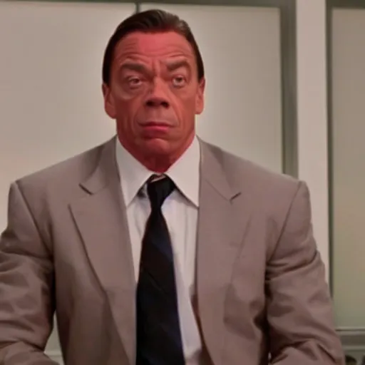 Prompt: Jean Claude Vandamme as Pam on the office show, cinematic still, high quality,
