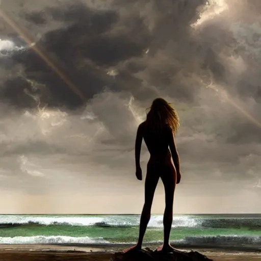 Image similar to a highly detailed portrait of a large cross standing on the beach as a storm comes in with the tide, a beautiful blonde woman sitting in the sand watching the ocean, epic fantasy, god rays, rocky beach, aerial photography, volumetric lighting, octane render, exquisite detail, 8 k, art by norman rockwell and albert bierstadt