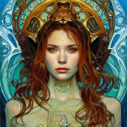 Image similar to a painting in the style of donato giancola, and in the style of ross tran, and in the style of alphonse mucha. smooth, sharp focus, semi - realism, symmetry.