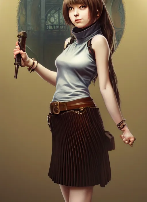 Image similar to portrait of a full body of beautiful young female detective, d & d, sleeveless turtleneck, pleated skirt, fantasy, flat lighting, intricate, highly detailed, digital painting, artstation, concept art, smooth, sharp focus, illustration, misa amane, art by simon bisley and greg rutkowski and alphonse mucha, natural tpose