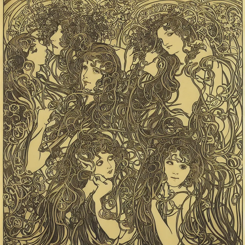 Image similar to organic psychedlic engraving by alphonse mucha and gustave klint