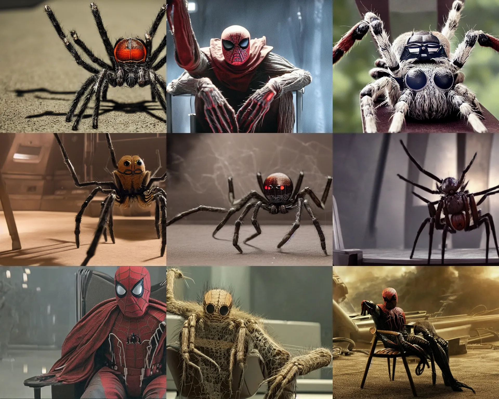 Prompt: spider sitting in chair, star wars movie still