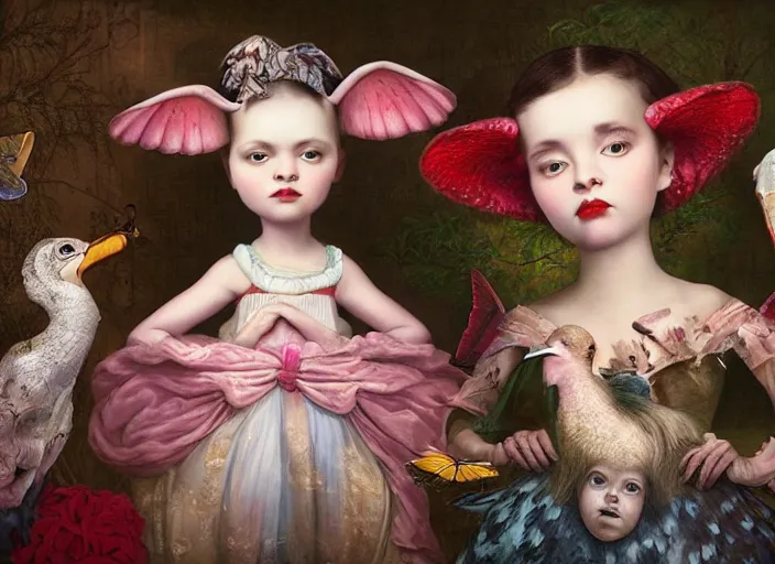 Image similar to 🦩🪐🐞👩🏻🦳, lowbrow, 8 k, matte painting, in the style of mark ryden,