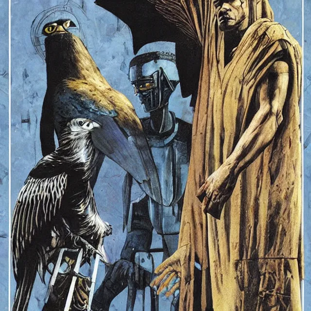 Prompt: artwork by Enki Bilal and Dave McKean showing Horus the falcon headed egyptian god