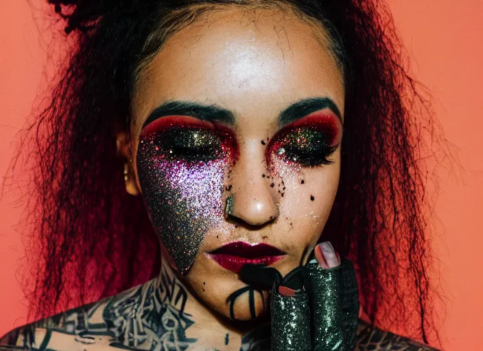 Image similar to photograph from above of a techwear mixed woman wearing thick mascara and dark glitter makeup crying outside of a city on fire, tattoos, Cinestill 50d, 4k, 8k, hd, full color