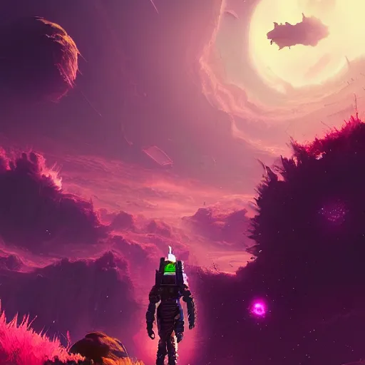 Image similar to corrupted sentinel enjoying picking up flower on infested planet in no man's sky digital art in the style of greg rutkowski and craig mullins, 4 k