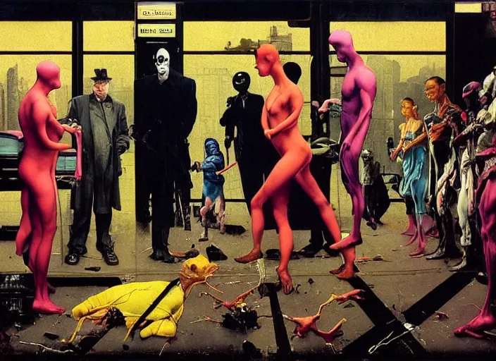 Prompt: a still from the film watchmen by francis bacon, surreal, norman rockwell and james jean, greg hildebrandt, and mark brooks, triadic color scheme, by greg rutkowski, in the style of francis bacon and syd mead and edward hopper and norman rockwell and beksinski, dark surrealism, open ceiling