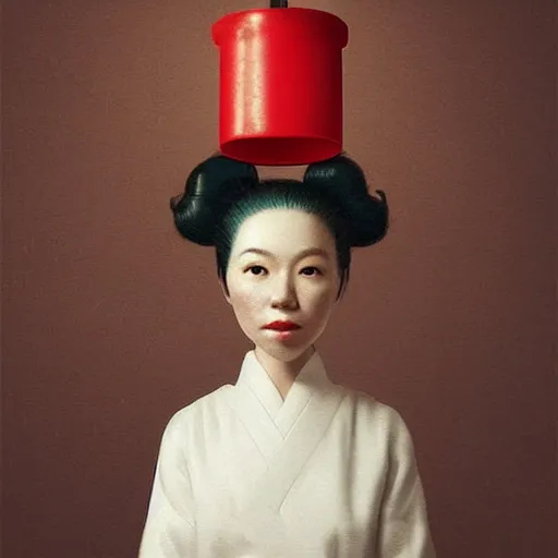 Image similar to Portrait of a japanese young lady with a long white!!!! white hair and a red ribbon, Rim Lighting, Lantern, by Sergey Kolesov