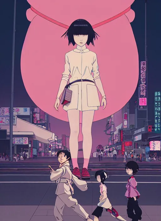 Image similar to Artwork by James Jean, Phil noto and hiyao Miyazaki; a young Japanese future samurai police girl named Yoshimi battles an enormous looming evil natured carnivorous pink robot on the streets of Tokyo; Japanese shops and neon signage; crowds of people running; Art work by studio ghibli, Phil noto and James Jean