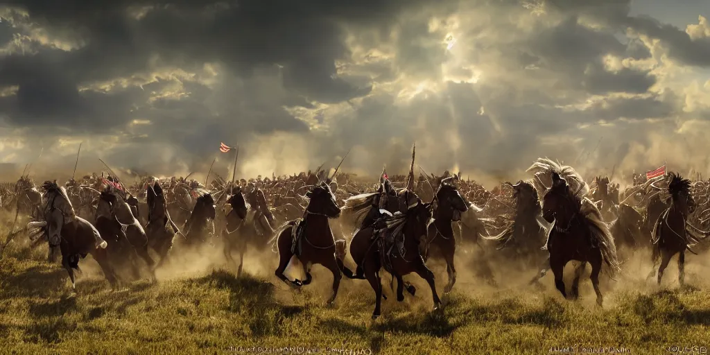 Prompt: promotional movie still rendered in octane, of an action shot from the battle of little bighorn, custer's last stand, majestic horses and their riders, desperate action heading towards the offset center of the scene, dramatic hdr natural light, cinematic lighting, extremely high detail, photorealistic, imax 7 0 mm, iso 4 0 0, 8 k, 4 k, hq