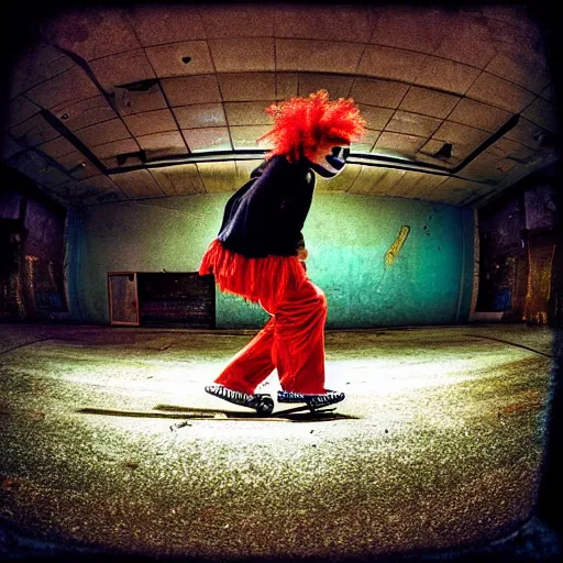 Image similar to “ a highly detailed photo of a clown skateboarding in an abandoned mall, fisheye lens, sharp focus, award winning, 8 k ”