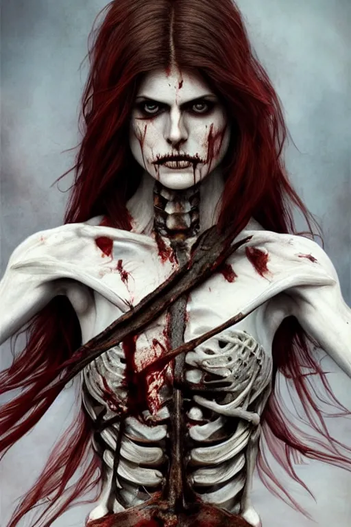 Image similar to skeleton black bones!!, covered with blood, alexandra daddario face!!, long red hair, ultra realistic, concept art, intricate details, highly detailed, photorealistic, octane render, 8 k, unreal engine. retro film still, heavy grain, 3 5 mm, art by artgerm and greg rutkowski and alphonse mucha