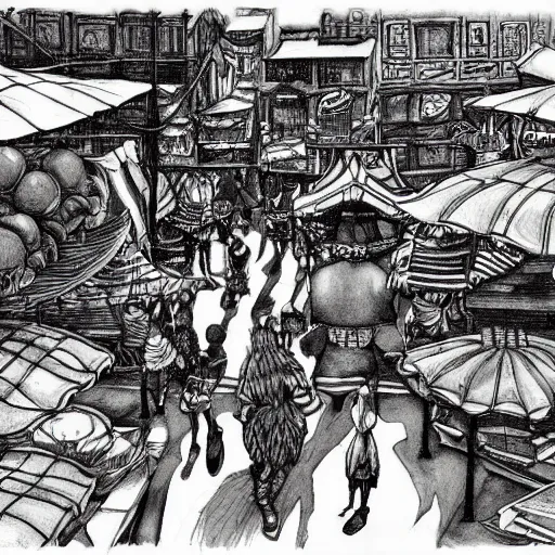 Image similar to Street Market of Salvador Bahia , artwork by kentaro miura, Kentaro Miura style, Berserk Style, High details, centered full body pose, zenith angle, dramatic lighting, concept, manga, black and white ink style, a lot of details with ink shadows