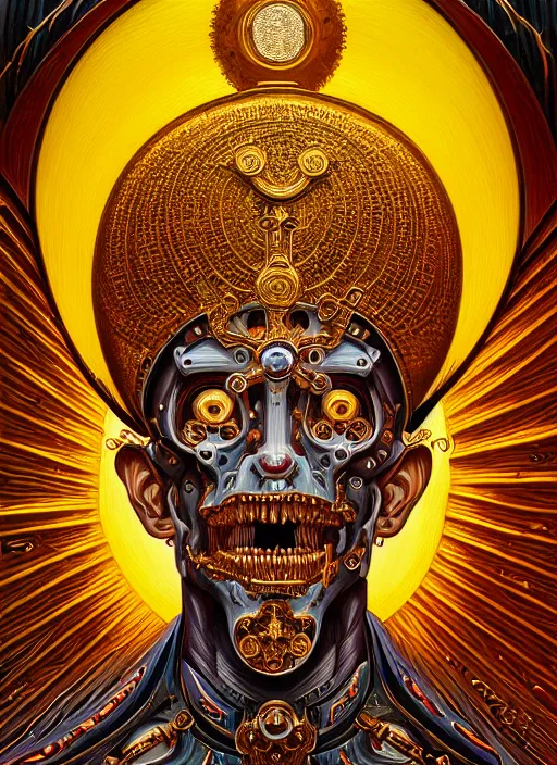 Image similar to hyper detailed ultra sharp orthodox saint icon, biomechanical golden halo, demonic man, trending on artstation, byzantine aesthetic, epic, religious, decadent, ornate, intricate, digital painting, concept art, smooth, sharp focus, illustration, art by josan gonzalez, felix englund, killian eng and zdizslaw beksinski