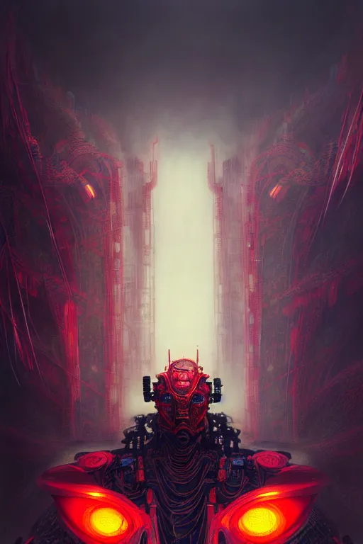 Image similar to akira from chinese mythology, hi - tech luciferian synthetic, gorgeous and huge head ornaments, dystopian, cyberpunk, mecha, cinematic dramatic light, ominous, intricate, studio, malekith concept art, zoomed out, beksinski, alphonse mucha, concept art, 4 k, sharp focus