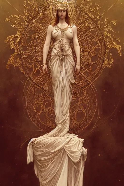 Image similar to a full body portrait of a beautiful ethereal delicate ancient greek mage queen meditative sacral pose catholic stages of the cross, intricate, elegant, highly detailed, digital painting, artstation, concept art, smooth, sharp focus, illustration, art by krenz cushart and artem demura and alphonse mucha