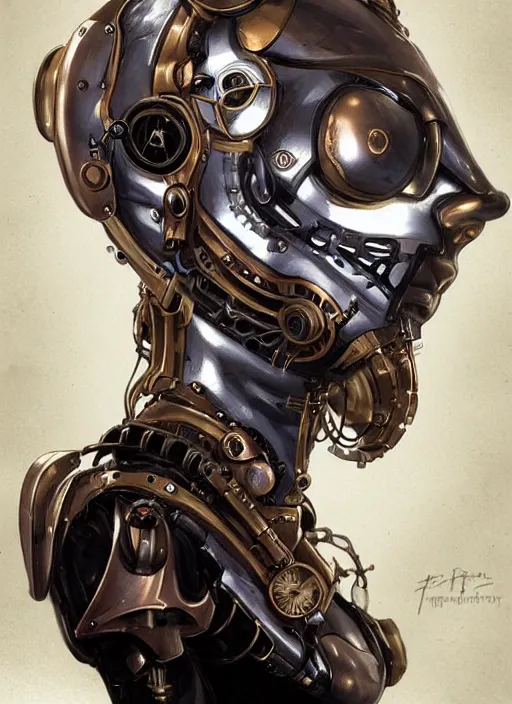 Prompt: portrait of a (((steampunk))) robot woman in 1810 by Artgerm, biomechanical, hyper detailled, trending on artstation