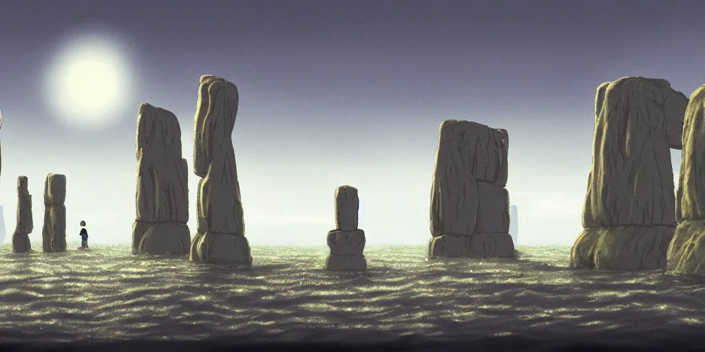 Image similar to a realistic cell - shaded studio ghibli concept art from paprika ( 2 0 0 6 ) of a giant wooly mammoth and a grey warrior in a flooded monument valley stonehenge easter island on a misty starry night. very dull colors, wide shot, hd, 4 k, hq