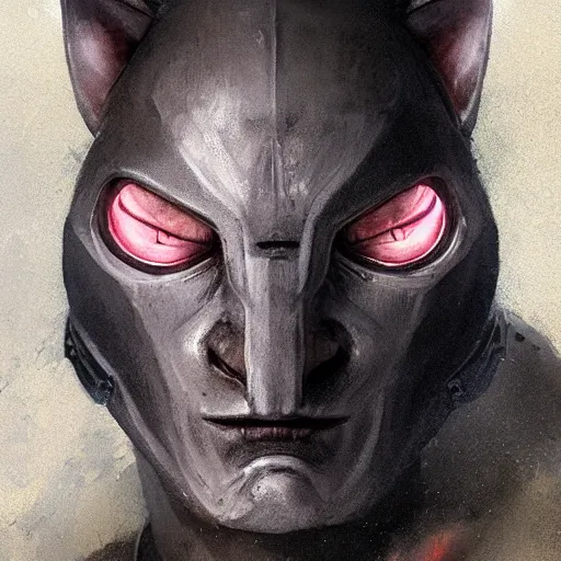 Image similar to Portrait of a humanoid feline man by Greg Rutkowski, hard predatory look, pointed ears, prominent jaw and visible fangs, wearing a futuristic space tactical gear that looks like a mix between the samurai, viking and templar aesthetics, mix between tribal and hi-tech, highly detailed portrait, scifi, space opera, digital painting, artstation, concept art, smooth, sharp foccus ilustration, Artstation HQ