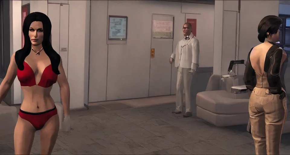 Image similar to Screenshot of Lana Kane from the show Archer as a 3d NPC in the videogame 'Hitman 3' (2021). Beautiful high-rise environment. Gorgeous level. Fancy dress. Sharpened. 4k. High-res. Ultra graphics settings.