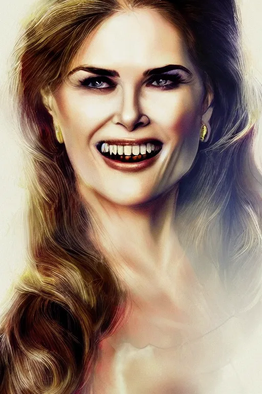 Image similar to mix of beautiful young maria shriver, mariel hemmingway, brooke shields, nicole kidman and elle macpherson as a vampire with mouth open with sharp teeth, thin lips, hair tied up in a pony tail, dark blonde hair, colorful, artstation, cgsociety