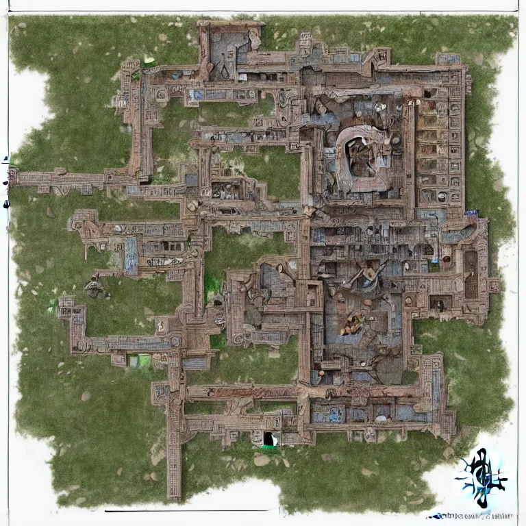 Image similar to full - color fantasy floor plan map of a dungeon, by greg rutkowski and james gurney, trending on artstation