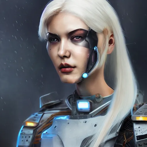 Image similar to An epic fantastic realism comic book style portrait painting of a female cyber warrior, dieselpunk armor, white hair korean, porcelain pale skin, cyberpunk color raining tokyo everywhere, Concept world Art, unreal 5, DAZ, hyperrealistic, octane render, cosplay, RPG portrait, dynamic lighting