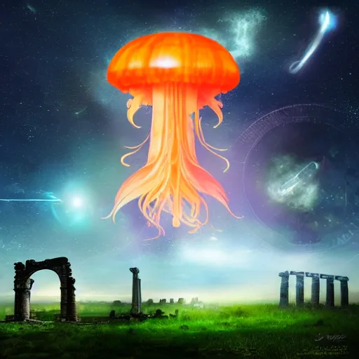 Image similar to a colossal gigantic glowing orange jellyfish hovering beneath a portal in the sky, galaxies and stars in a stylized sky, verdant landscape in the foreground, ancient ruins in the background, digital art