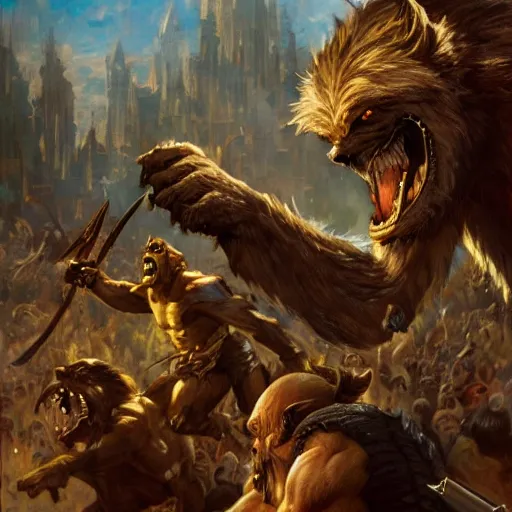 Image similar to a huge 6 - meter werewolf fights an army of orcs, close - up, painting by gaston bussiere, craig mullins, j. c. leyendecker, 4 k, 8 k, trending on artstation, artstationhd, artstationhq, highest detail